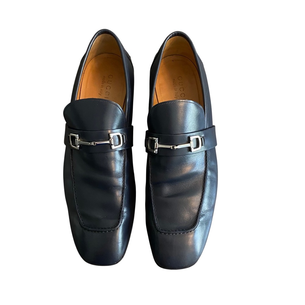 Gucci Mens Navy Blue Leather Horsebit Loafers 247490 Size 10.5